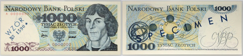 PRL, 1000 złotych 2.07.1975, WZÓR, No. 1590, seria A Numer 0000000. Pięknie zach...