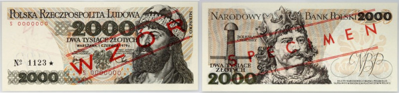 PRL, 2000 złotych 1.06.1979, WZÓR, No. 1123, seria S Numer 0000000. Niewielka na...