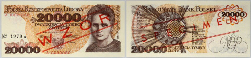 PRL, 20000 złotych 1.02.1989, WZÓR, No. 1970, seria A Numer 0000000. Pięknie zac...