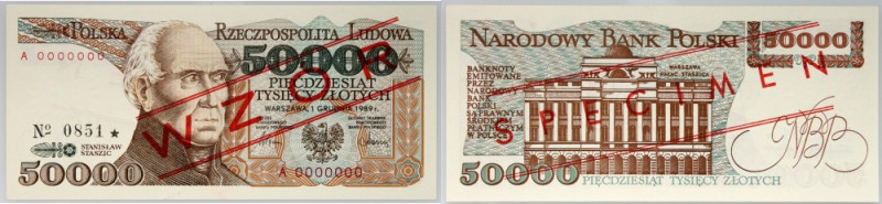 PRL, 50000 złotych 1.12.1989, WZÓR, No. 0851, seria A Numer 0000000. Pięknie zac...