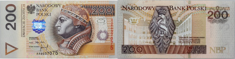 III RP, 200 złotych 25.03.1994, Seria AA Numer 0037075. Rzadka pierwsza seria.
...