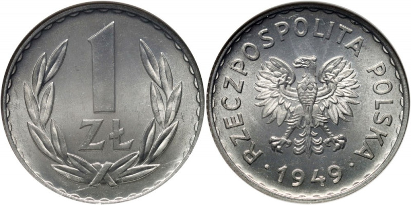 PRL, 1 złoty 1949, aluminium Mennicza moneta w slabie starszego typu. Druga najw...