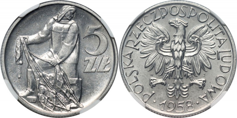 PRL, 5 złotych 1958, Rybak, BAŁWANEK Rzadka odmiana z szeroką 8 w dacie. Mennicz...