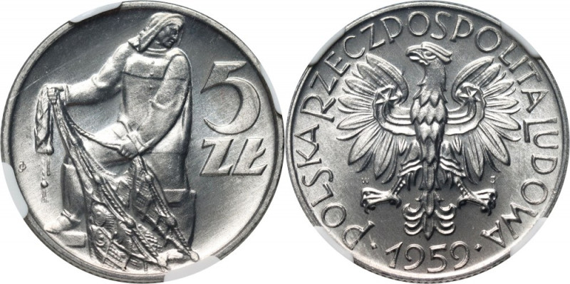 PRL, 5 złotych 1959, Rybak Menniczy egzemplarz. Druga najwyższa nota NGC. Refere...