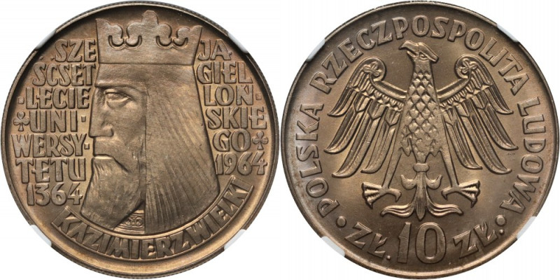 PRL, 10 złotych 1964, Kazimierz Wielki, napis wypukły Reference: Parchimowicz 22...