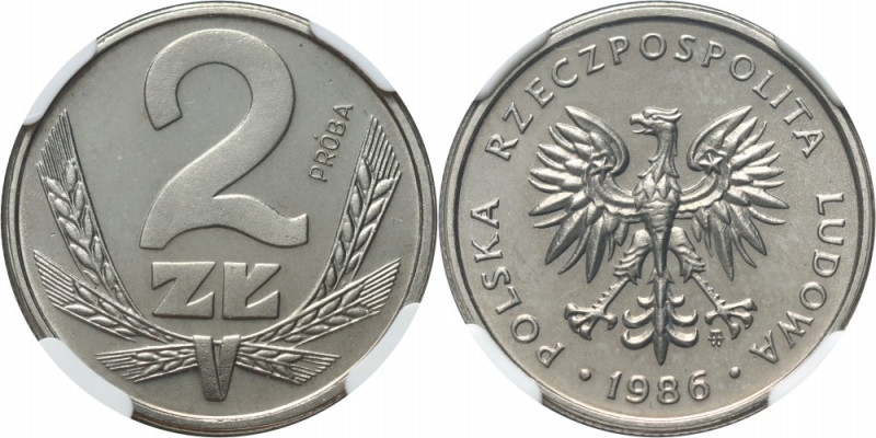 PRL, 2 złote 1986, PRÓBA, nikiel Nakład 500 sztuk. Druga najwyższa nota NGC. Ref...