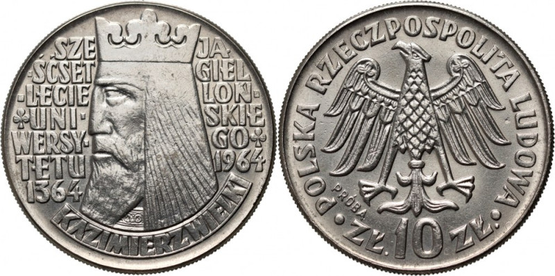 PRL, 10 złotych 1964, Kazimierz Wielki - napis wypukły, PRÓBA, nikiel Nakład 500...