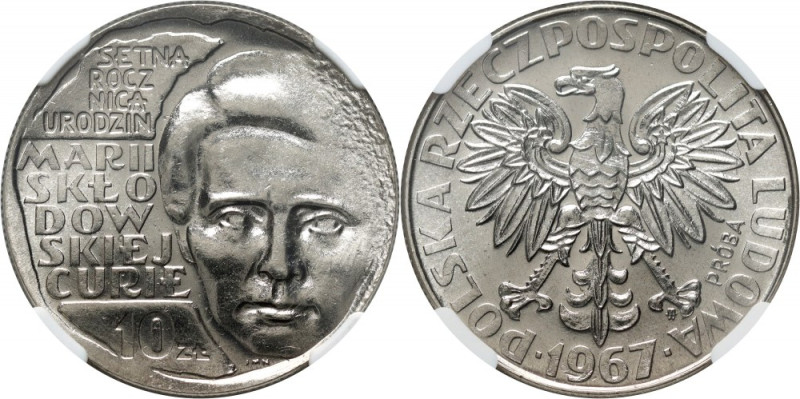 PRL, 10 złotych 1967, Maria Skłodowska-Curie, PRÓBA, nikiel Nakład 500 sztuk. Re...