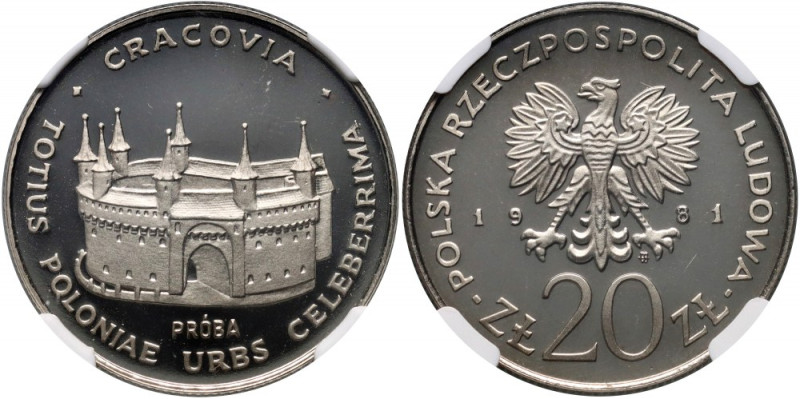 PRL, 20 złotych 1981, Barbakan w Krakowie, PRÓBA, nikiel Nakład 500 sztuk. Refer...