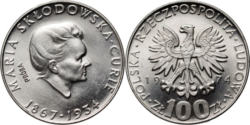 PRL, 100 złotych 1974, Maria Skłodowska-Curie, PRÓBA, nikiel Nakład 500 sztuk. R...