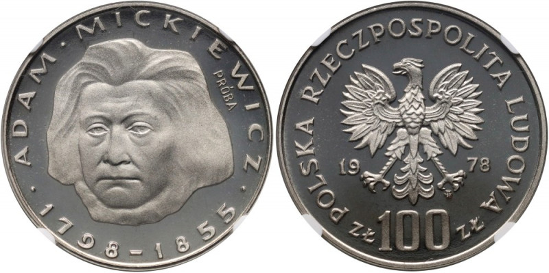 PRL, 100 złotych 1978, Adam Mickiewicz, PRÓBA, nikiel Nakład 500 sztuk. Najwyższ...