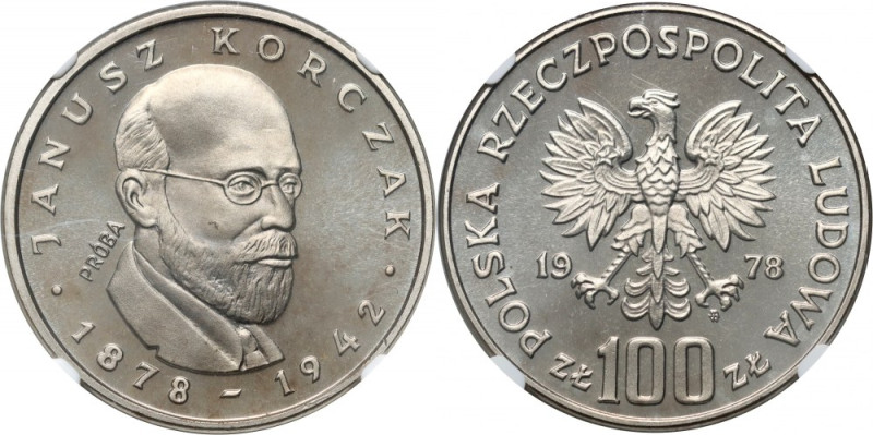 PRL, 100 złotych 1978, Janusz Korczak, PRÓBA, nikiel Nakład 500 sztuk.
Referenc...