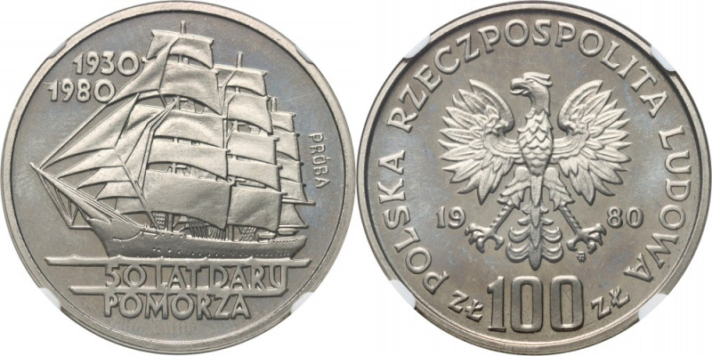 PRL, 100 złotych 1980, 50 lat Daru Pomorza, PRÓBA, nikiel Nakład 500 sztuk. Refe...