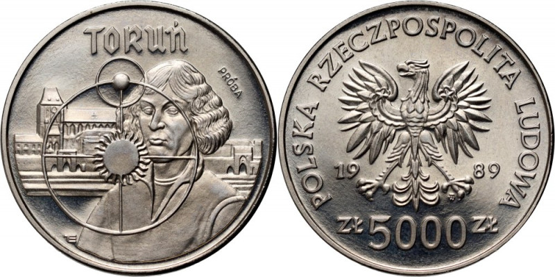 PRL, 5000 złotych 1989, Toruń - Mikołaj Kopernik, PRÓBA, nikiel Nakład 500 sztuk...