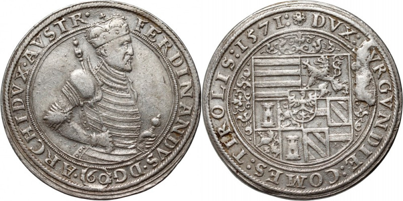 Austria, Tyrol, Ferdinand II, 60 Kreuzer (Guldenthaler) 1571 Silver 24,47 g. Orn...