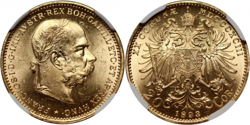 Austria, Franz Joseph I, 20 Corona 1893, Vienna Złoto. Reference: Friedberg 504...