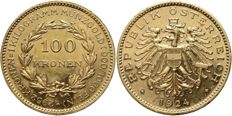 Austria, Republic, 100 Corona 1924, Vienna Gold 33,94 g. Mintage: 2851 pcs. Złot...