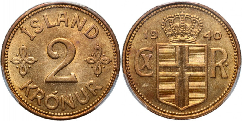 Iceland, 2 Kronur 1940, London, Ex Kings Norton Collection Reference: KM #4
Gra...