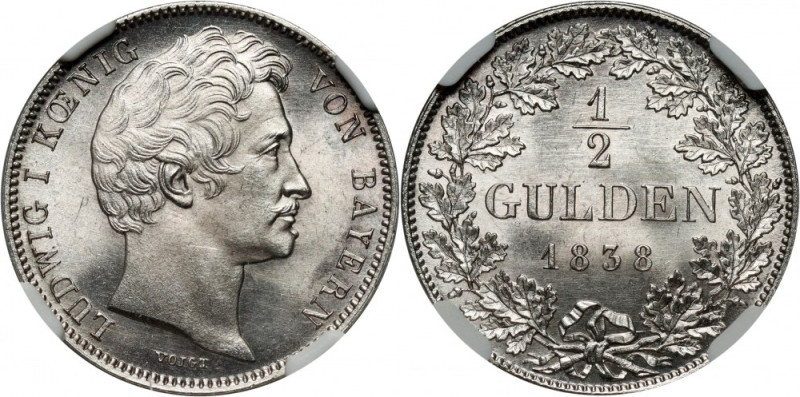 Germany, Bavaria, Ludwig I, 1/2 Gulden 1838 Reference: AKS 79
Grade: NGC MS63