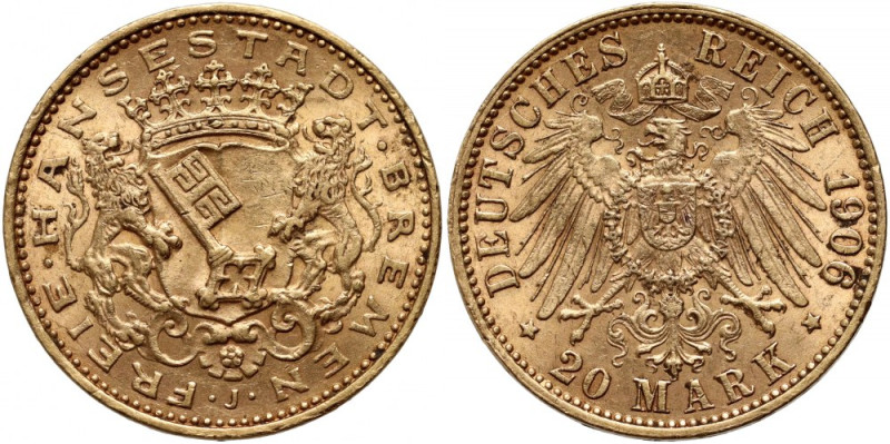 Germany, Bremen, 20 Mark 1906 J Gold 7,96 g. Złoto 7,96 g. Rzadkie i bardzo ładn...