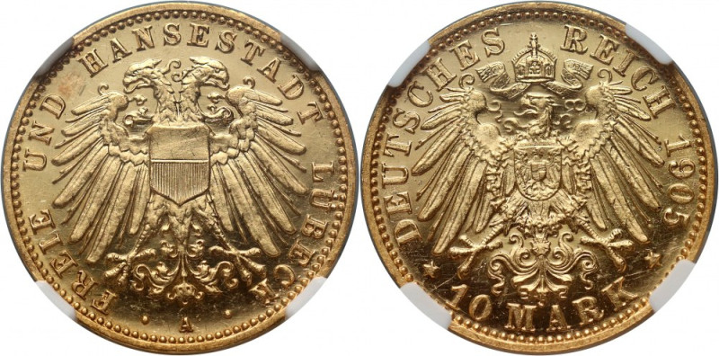 Germany, Lubeck, 10 Mark 1905 A, Berlin, Proof Gold. Beautiful coin. Mintage 247...