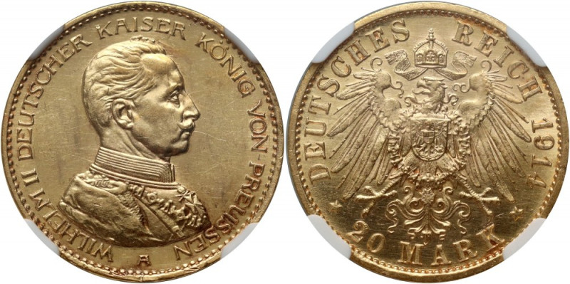 Germany, Prussia, Wilhelm II, 20 Mark 1914 A, Berlin Złoto. Ładnie zachowane z n...