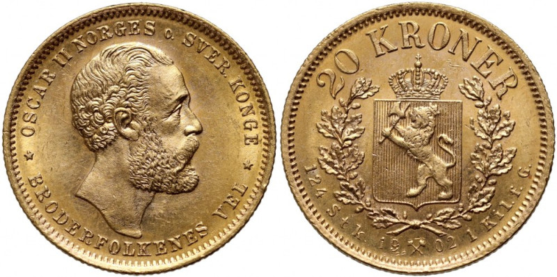 Norway, Oscar II, 20 Kroner 1902 Gold 8,96 g.
 Złoto 8,96 g.
Reference: Friedb...