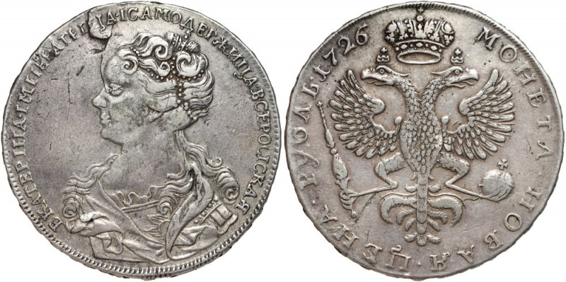 Russia, Catherine I, Rouble 1726, Red mint Silver 28,46 g. Scarce variety with w...