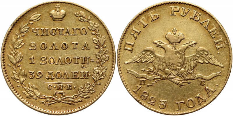 Rosja, Aleksander I, 5 rubli 1823 СПБ ПС, Petersburg Gold 6,45 g. Złoto 6,45 g. ...