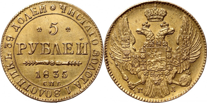 Russia, Nicholas I, 5 Roubles 1835 СПБ ПД, St. Petersburg Gold 6,52 g.
 Złoto 6...