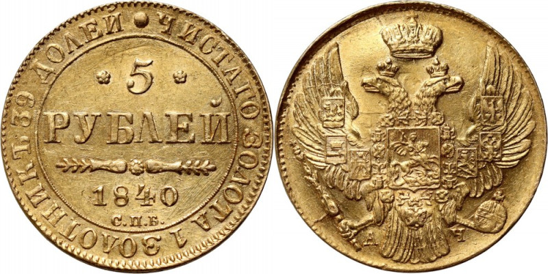 Russia, Nicholas I, 5 Roubles 1840 СПБ АЧ, St. Petersburg Gold 6,48 g.
 Złoto 6...