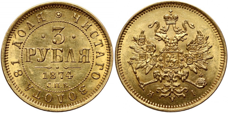 Russia, Alexander II, 3 Roubles 1874 СПБ HI, St. Petersburg Gold 3,95 g.
 Złoto...