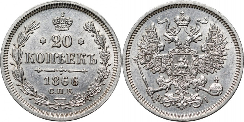 Russia, Alexander II, 20 Kopecks 1866 СПБ HI, St. Petersburg Reference: Bitkin 1...