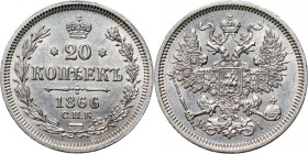 Russia, Alexander II, 20 Kopecks 1866 СПБ HI, St. Petersburg