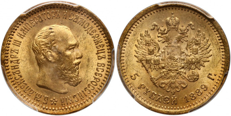 Russia, Alexander III, 5 Roubles 1889 (АГ), St. Petersburg Złoto. Pięknie zachow...