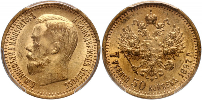 Russia, Nicholas II, 7 1/2 Roubles 1897 (АГ), St. Petersburg Gold. Very nice coi...