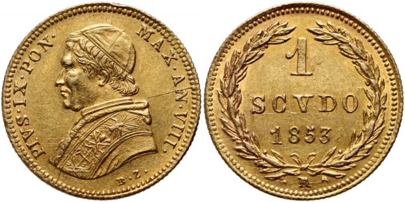 Italy, Papal States, Pius IX, Scudo 1853-VIII R, Rome Gold 1,77 g.
 Złoto 1,77 ...