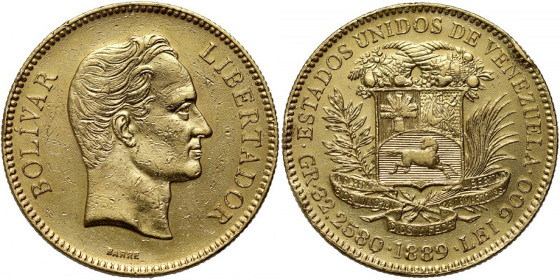 Venezuela, 100 Bolivares 1889, Caracas Gold 32,18 g. Edge knocks.
 Złoto 32,18 ...