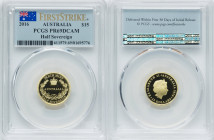 Elizabeth II gold "Half Sovereign Anniversary" 15 Dollars 2016 PR69 Deep Cameo PCGS, Perth mint, KM3292. Mintage: 794. First Strike. Commemorating the...