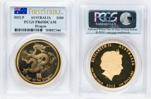 Elizabeth II gold Proof "Year of the Dragon" 100 Dollars (1 oz) 2012-P PR69 Deep Cameo PCGS, Perth mint, KM1674. Lunar series. First Strike. HID098012...
