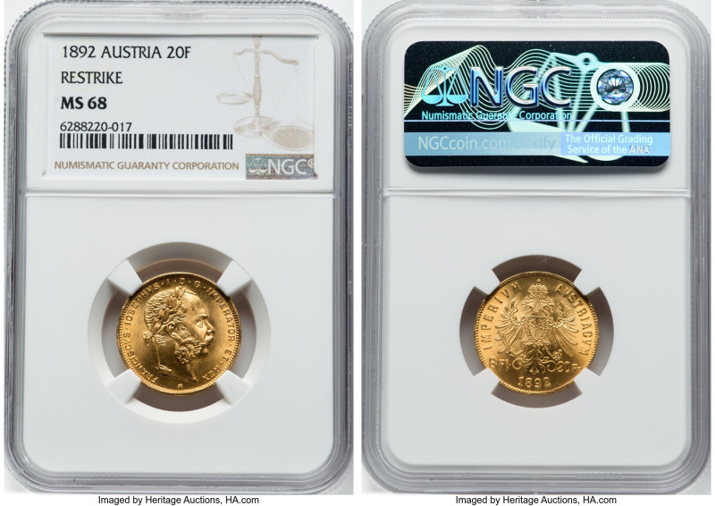 Franz Joseph I gold Restrike 20 Francs (8 Florins) 1892 MS68 NGC, Vienna mint, K...