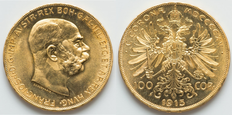 Franz Joseph I gold Restrike 100 Corona 1915 UNC, Vienna mint, KM2819, Fr-507R. ...