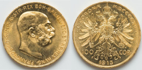 Franz Joseph I gold Restrike 100 Corona 1915 UNC, Vienna mint, KM2819, Fr-507R. 36.9mm. 33.86gm HID09801242017 © 2024 Heritage Auctions | All Rights R...