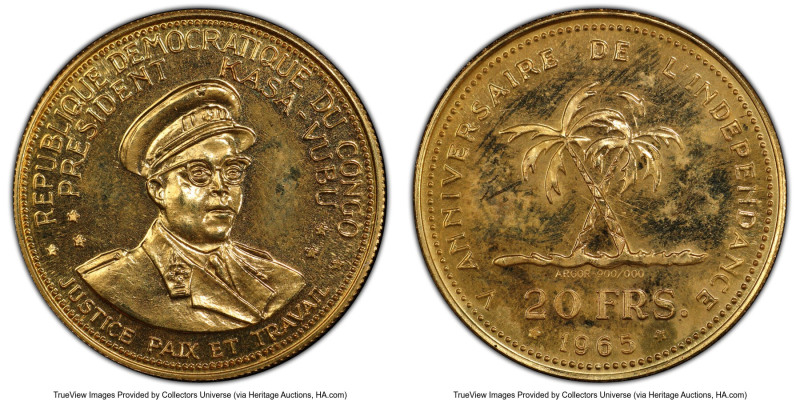 Democratic Republic gold Proof "5th Anniversary of Independence" 20 Francs 1965 ...