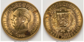 Republic Pair of Uncertified gold "Trujillo Anniversary" 30 Pesos 1955 AU, Mexico City mint, KM24, Fr-1. 25th anniversary of the Trujillo regime. Tota...