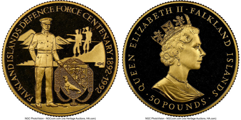 Elizabeth II gold Proof "Defence Force Centenary" 50 Pounds 1992 PR69 Ultra Came...