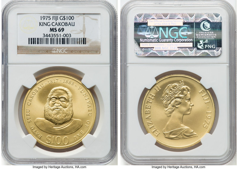 British Colony. Elizabeth II gold "King Cakobau" 100 Dollars 1975 MS69 NGC, Roya...