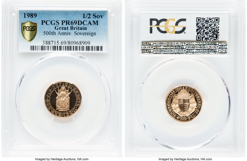 Elizabeth II gold Proof "500th Sovereign Anniversary" 1/2 Sovereign 1989 PR69 De...