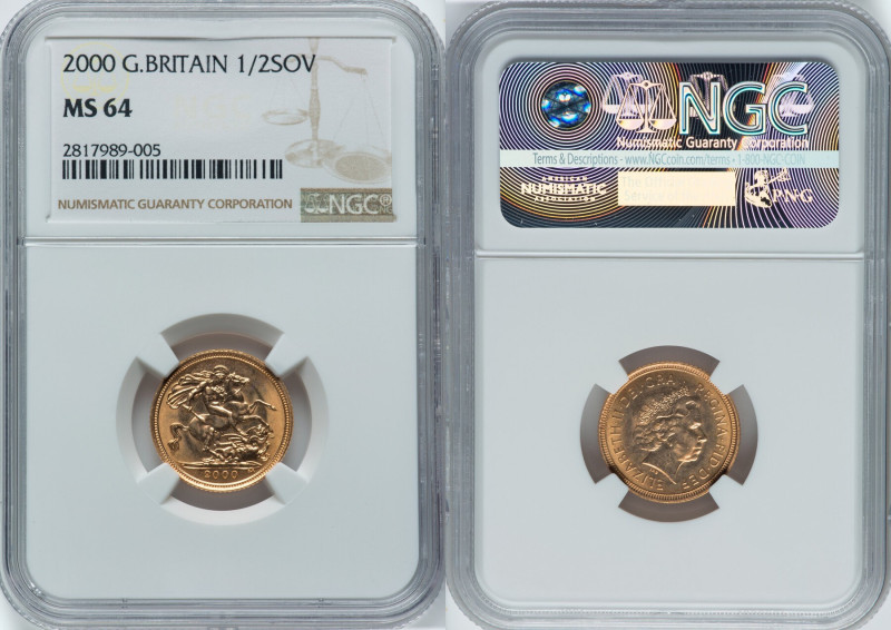 Elizabeth II gold 1/2 Sovereign 2000 MS64 NGC, KM1001. HID09801242017 © 2024 Her...