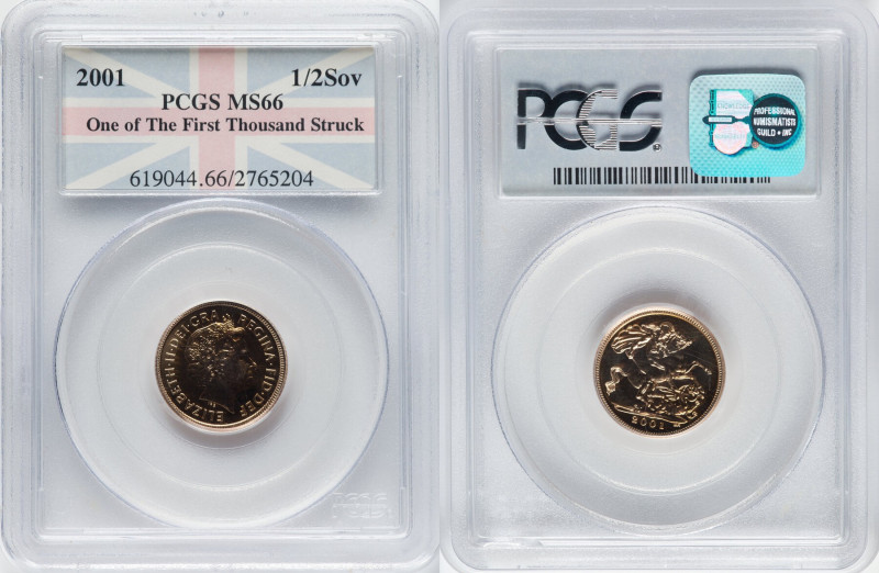 Elizabeth II gold 1/2 Sovereign 2001 MS66 PCGS, KM1001. One of First Thousand St...